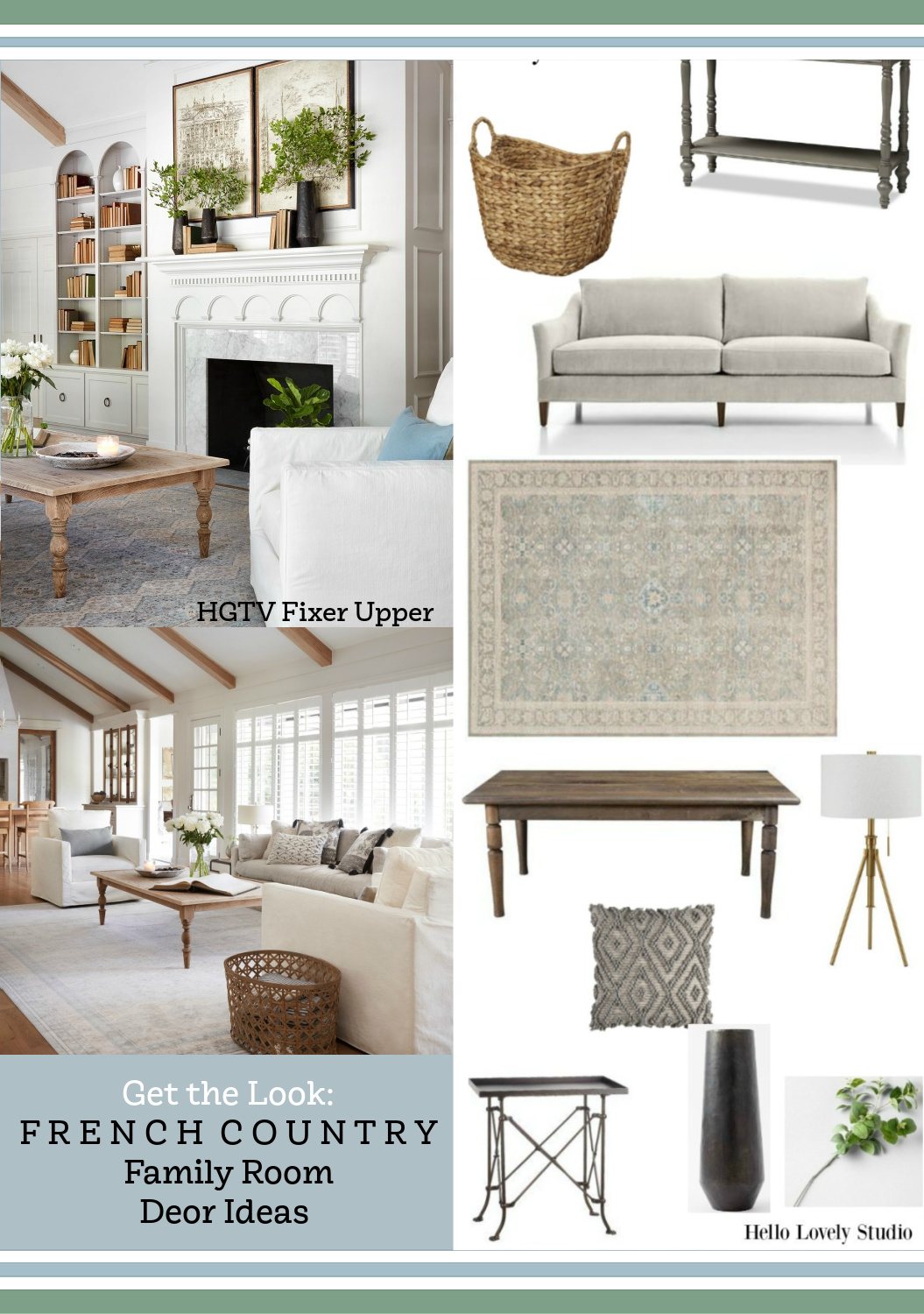 Get the look: French Country family room inspired by The Club House on Fixer Upper (HGTV). #frenchcountry #familyroom #geththelook #shopthelook #clubhousefixerupper