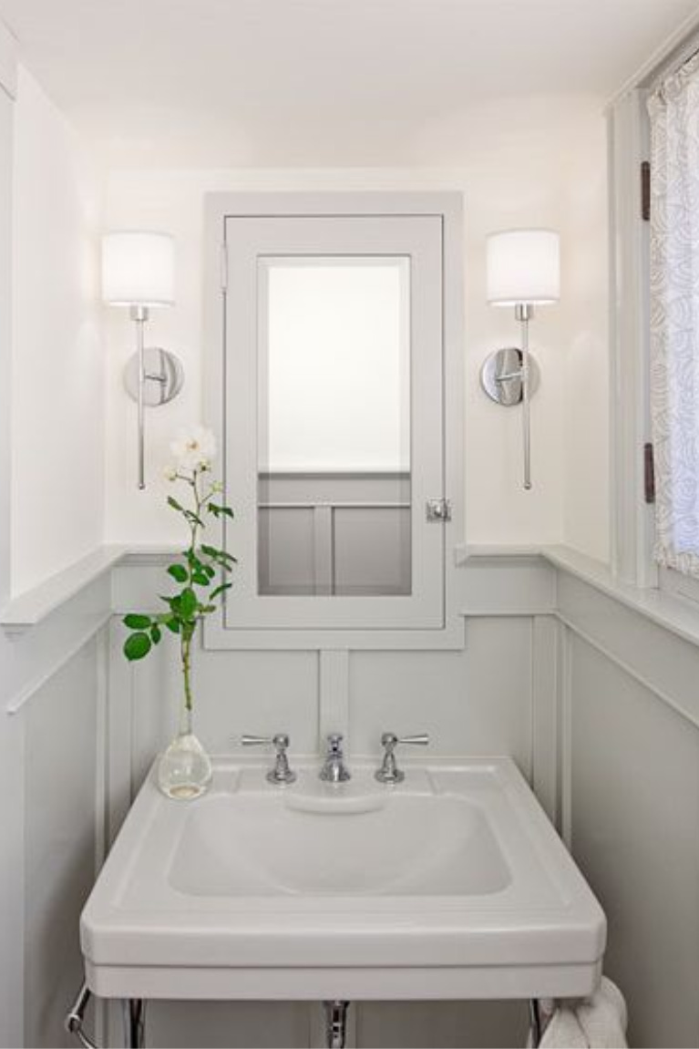 Seapearl above wainscot in powder room with Stonington Gray trim.