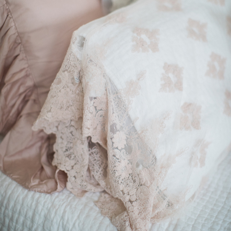 Feminine and romantic French country girls bedroom with pale pink and white linens and Alabaster painted walls - Brit Jones. #girlsbedroom #pinkbedrooms #bedroomdecor #interiordesign #romanticdecor #frenchcountry