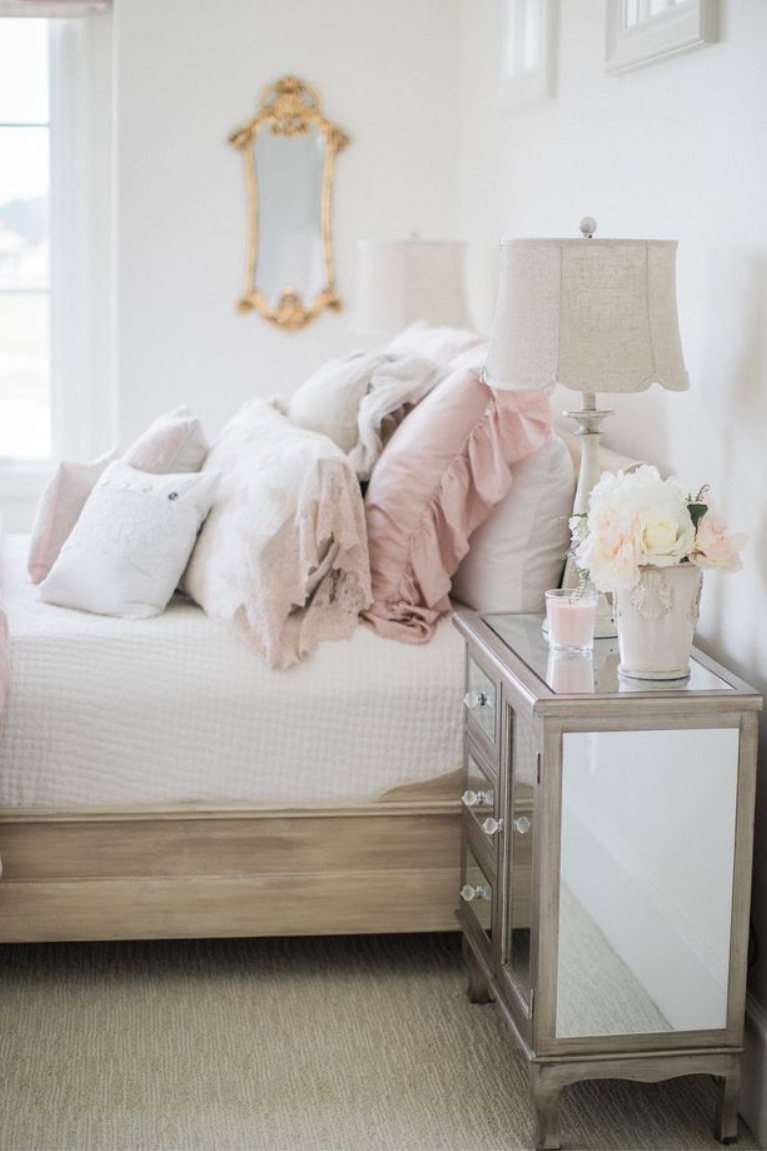 Feminine and romantic French country girls bedroom with pale pink and white linens and Alabaster painted walls - Brit Jones. #girlsbedroom #pinkbedrooms #bedroomdecor #interiordesign #romanticdecor #frenchcountry