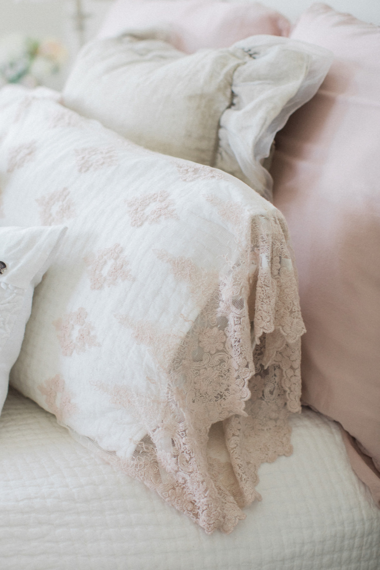 Feminine and romantic French country girls bedroom with pale pink and white linens and Alabaster painted walls - Brit Jones. #girlsbedroom #pinkbedrooms #bedroomdecor #interiordesign #romanticdecor #frenchcountry