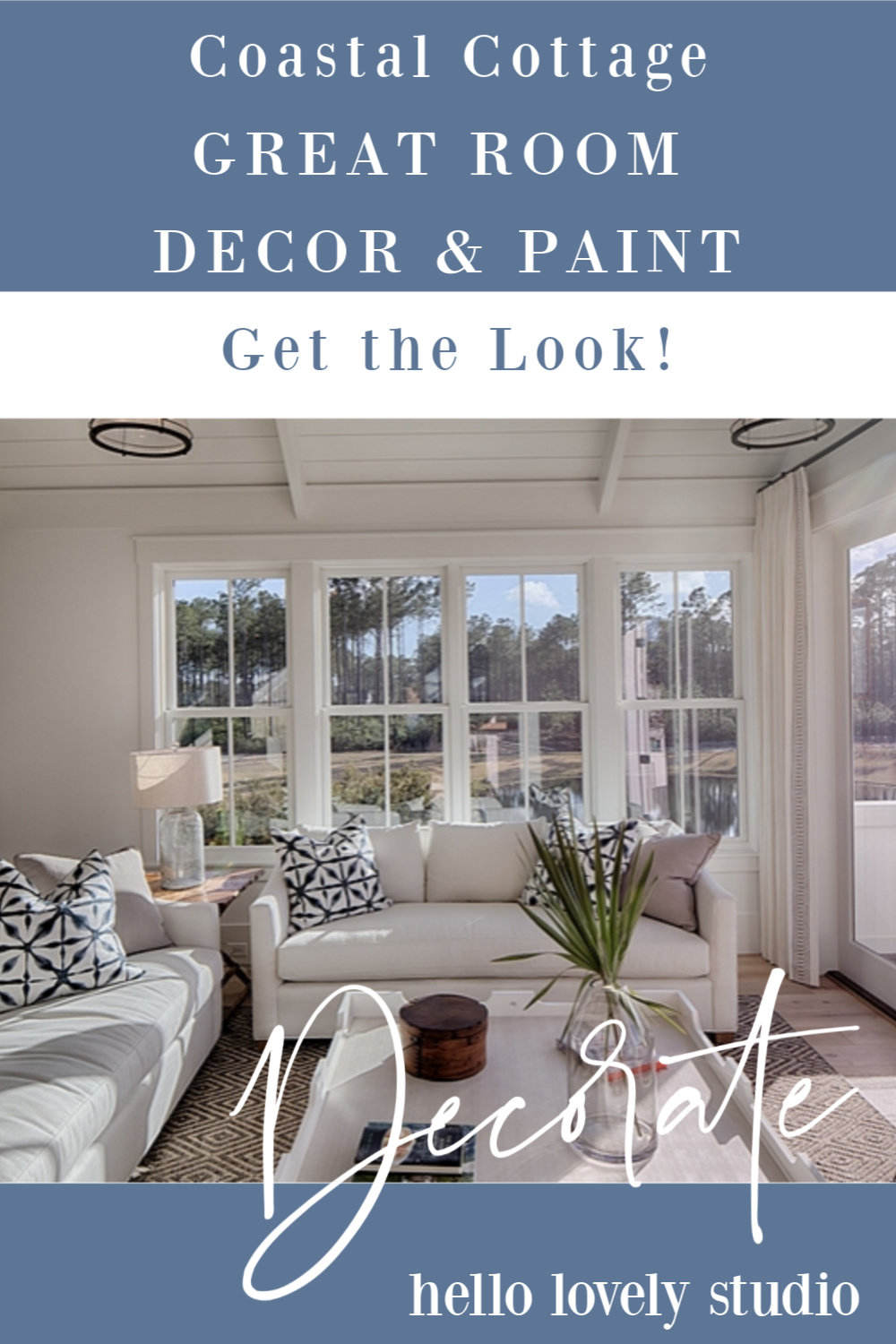 Coastal cottage great room decor and paint color ideas to get the look of a gorgeous interior by Lisa Furey. #getthelook #interiordesign #coastalstyle #coastalcottage #greatroom #decoratingideas #homedecor