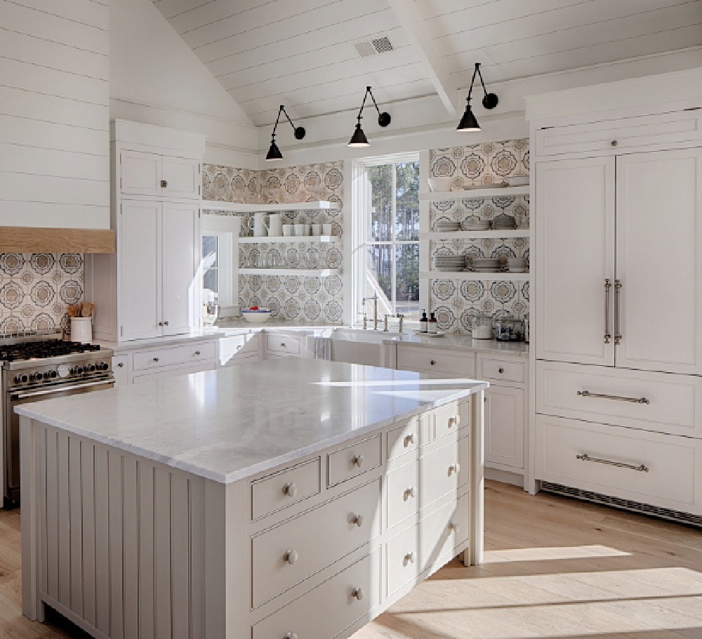 Kitchen island painted Pashmina in a board and batten coastal cottage in Palmetto Bluff with modern farmhouse interior design by Lisa Furey.