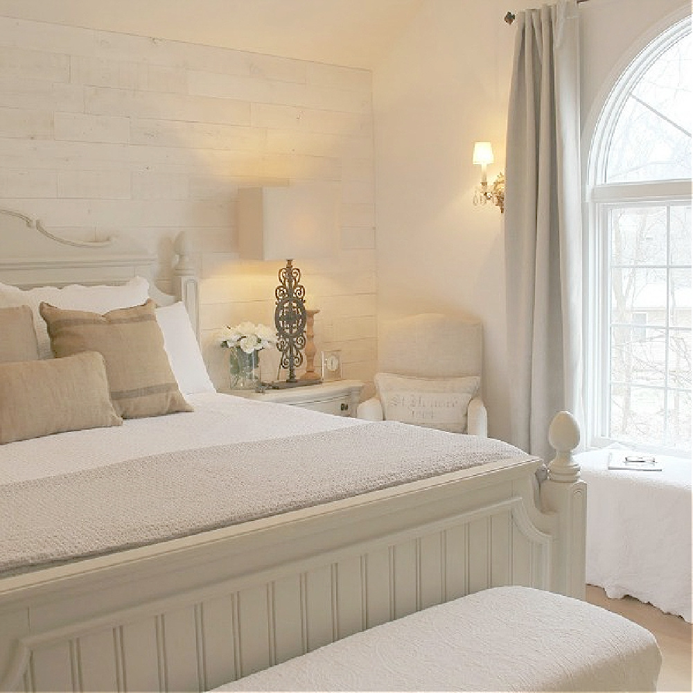 White Country French bedroom with furniture painted Revere Pewter (BM) - Hello Lovely.