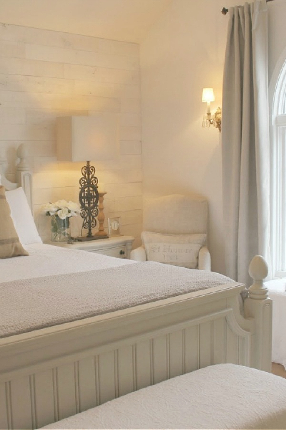 Stikwood (Hamptons) on wall behind bed in a serene French Nordic country style bedroom - Hello Lovely.