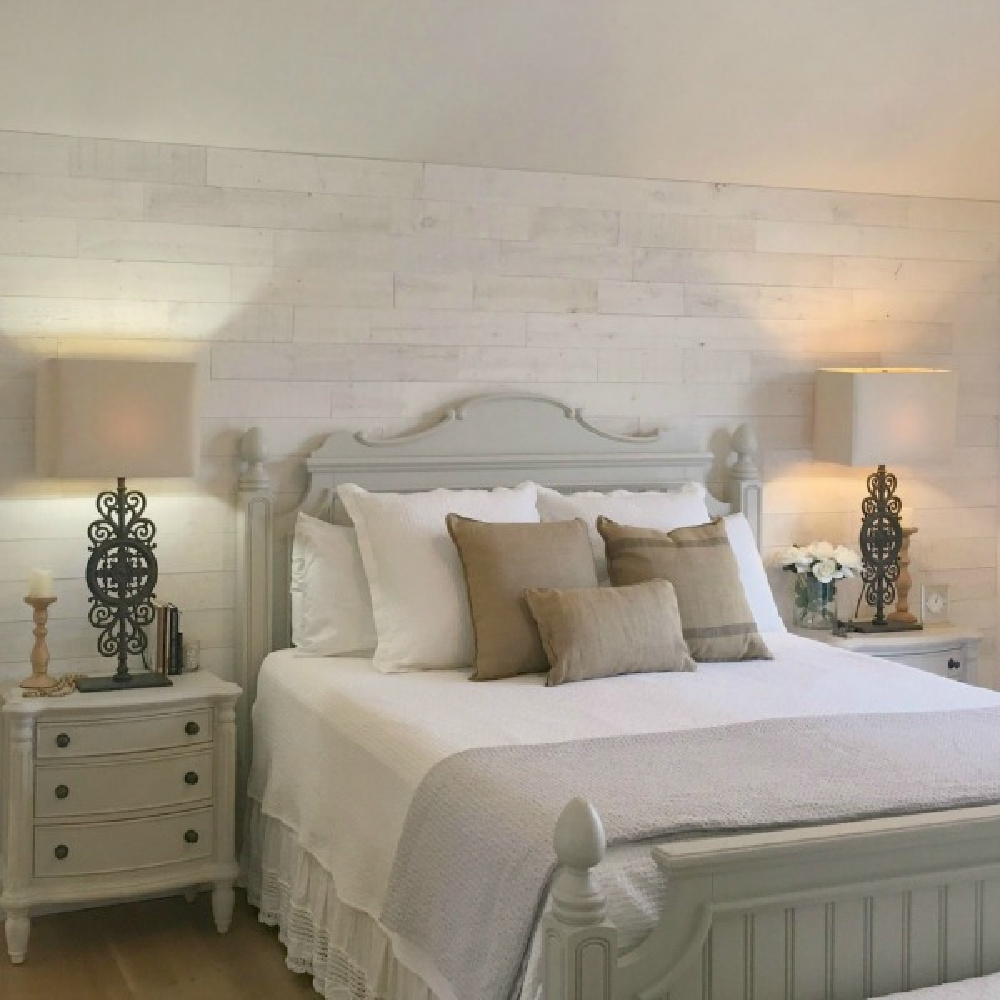 Stikwood Hamptons rustic reclaimed wood wall in my Country French white bedroom with furniture painted Benjamin Moore Revere Pewter - Hello Lovely Studio.