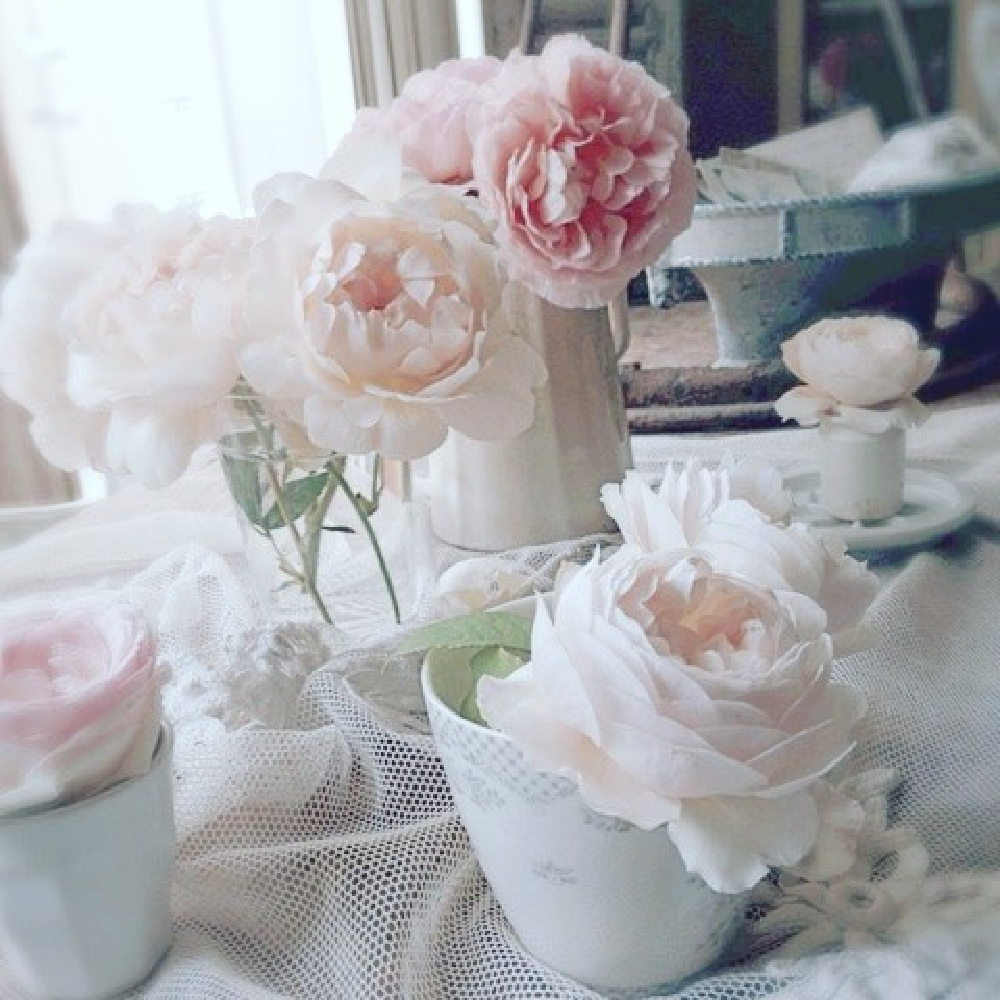 Blush pink garden roses styled with vintage china and French ironstone in a Swedish style cottage by My Petite Maison.