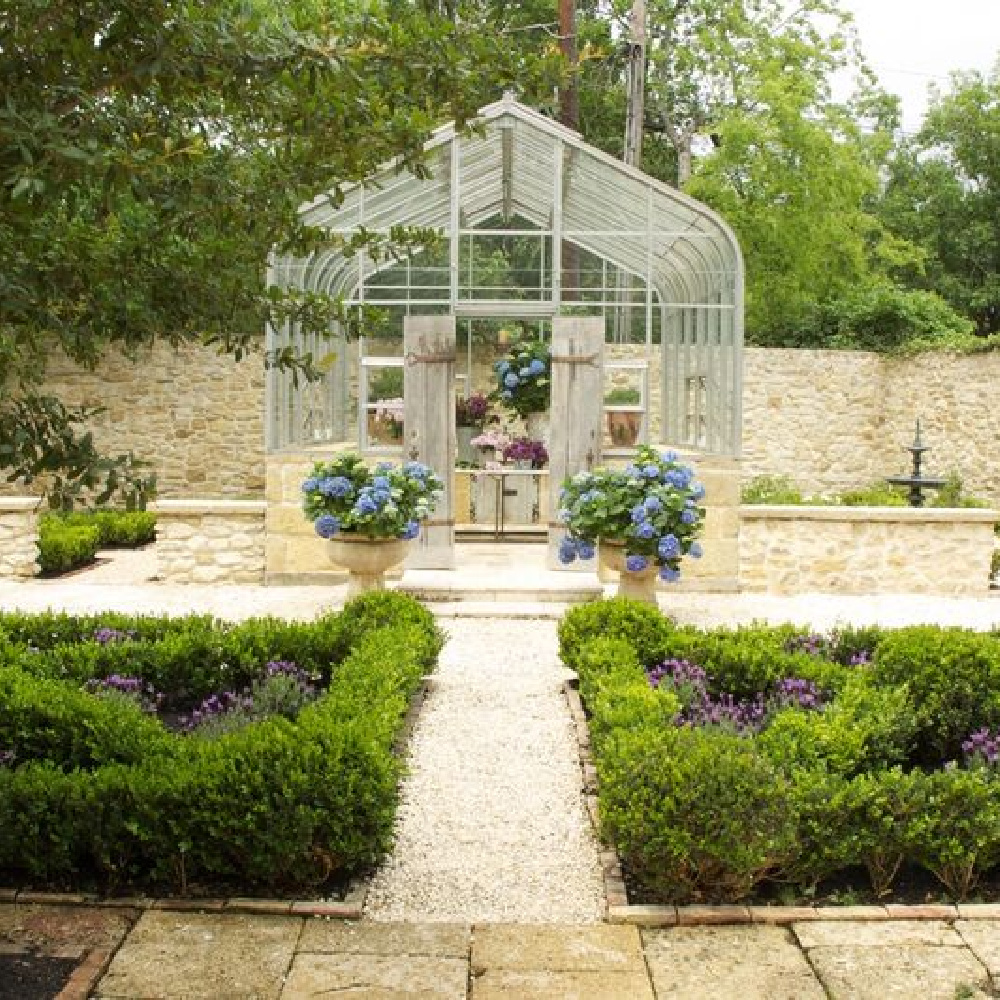 Country French garden of dreams on Ruth Gay's exquisite property - Chateau Domingue. #greenhouses #frenchgarden #conservatory