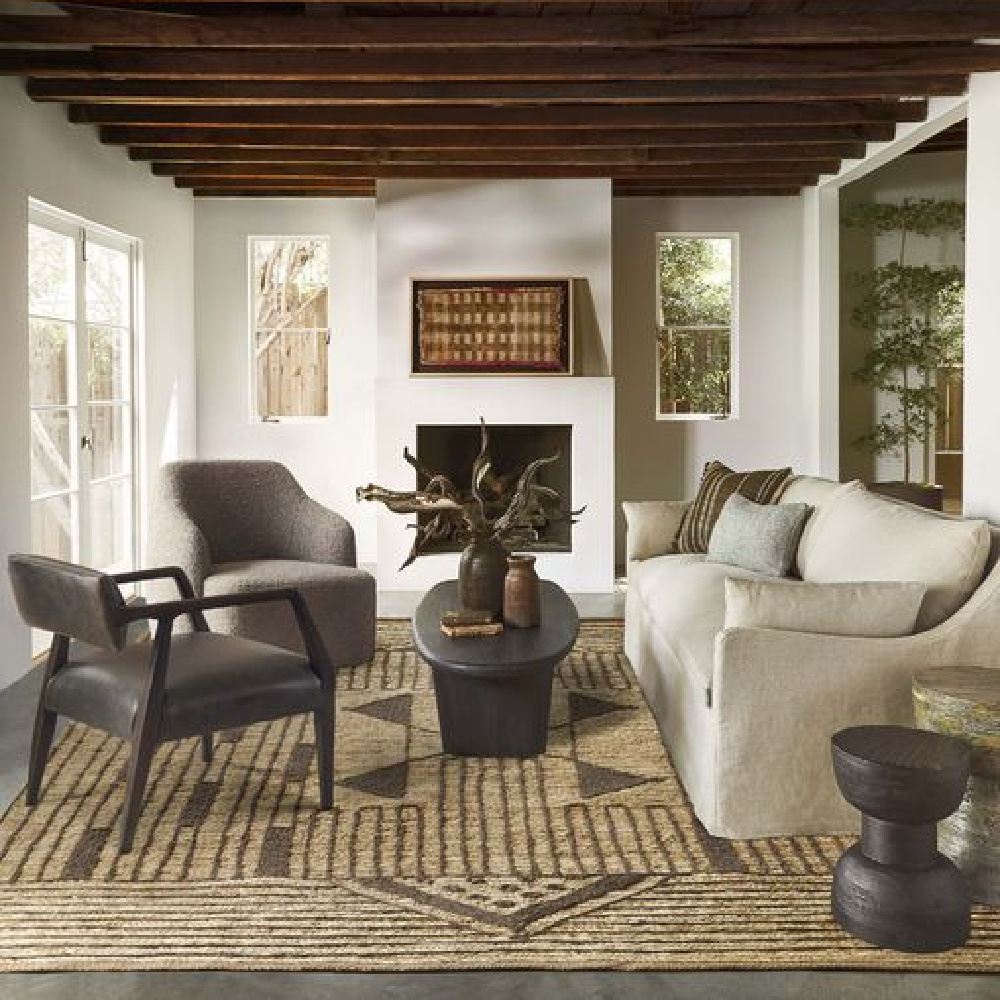 Modern rustic minimal luxe family room with wood ceiling and Portola slipcovered sofa from Lulu & Georgia. #slipcoveredsofas #modernrustic #familyroomsofas