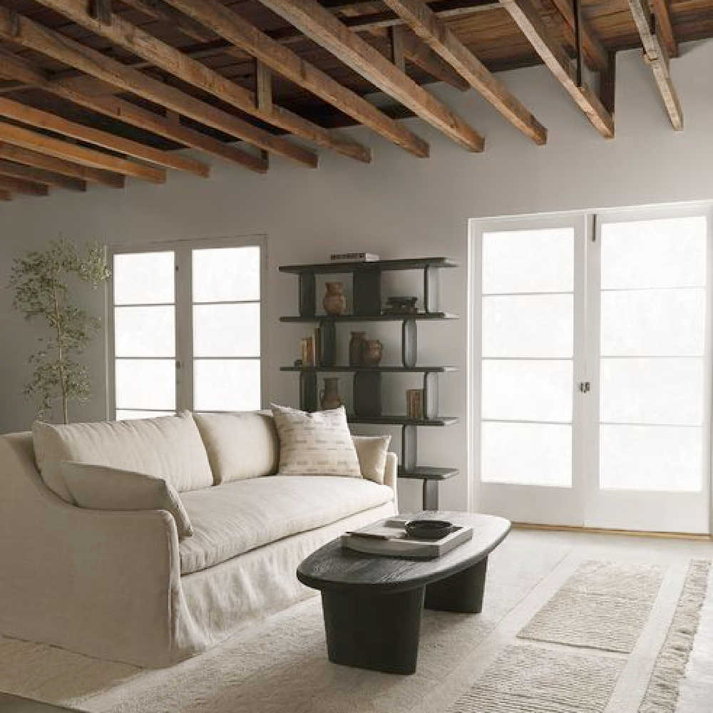 Modern rustic minimal luxe family room with wood ceiling and Portola slipcovered sofa from Lulu & Georgia. #slipcoveredsofas #modernrustic #familyroomsofas
