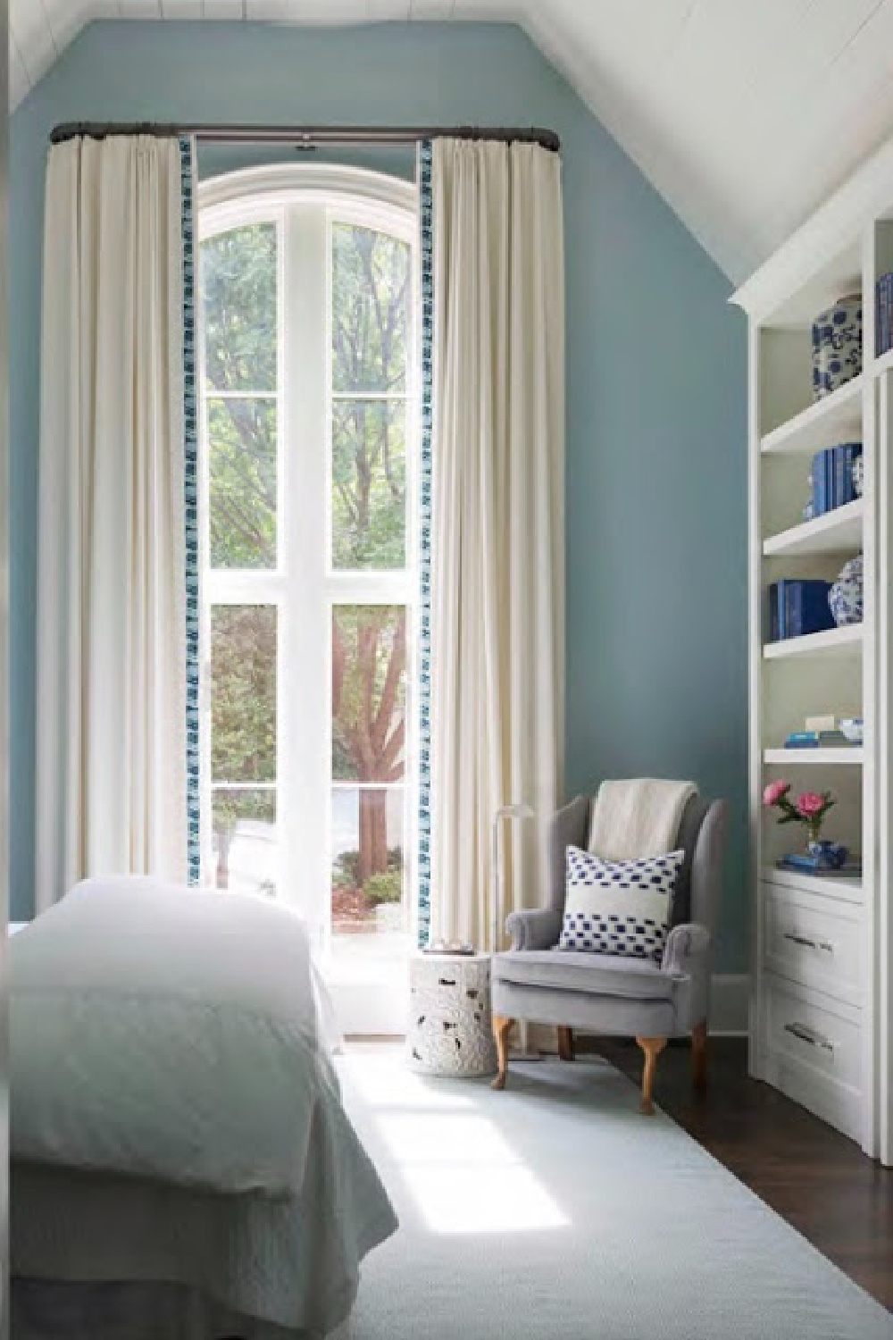 Yarmouth Blue (Benjamin Moore) on bedroom walls in a design by Sherry Hart of Design Indulgence. #yarmouthblue #paintcolors #bluepaintcolors