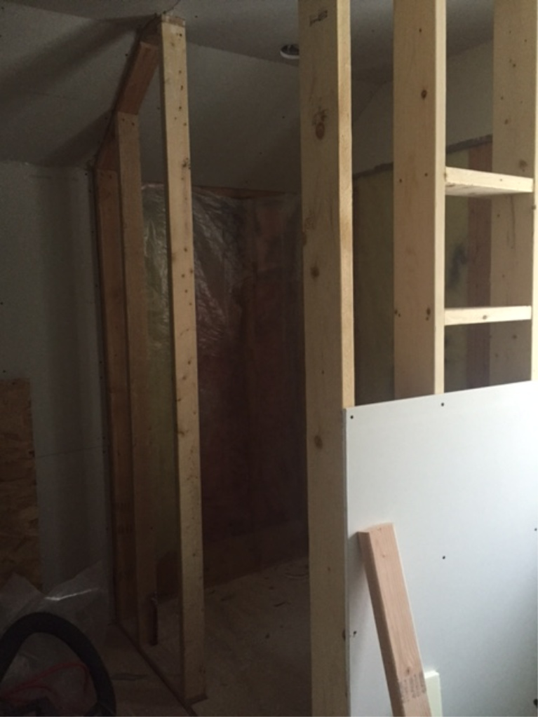 Framed shower during renovation of Hello Lovely Studio's bathroom. #showerrenovation #framestage #bathroomremodel #renovations #hellolovelystudio