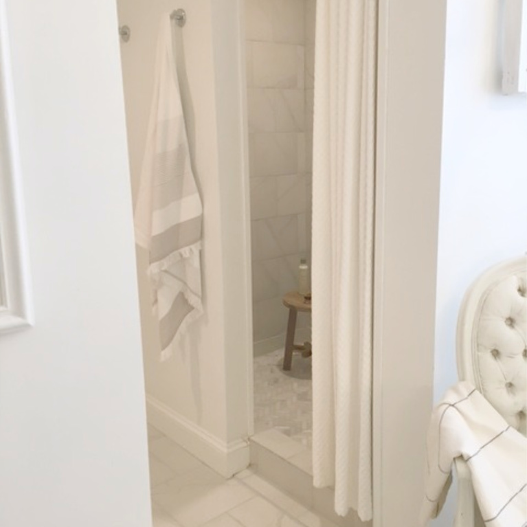 Detail of shower after bathroom renovation - Hello Lovely Studio. #bathroomdesign #whitebathrooms