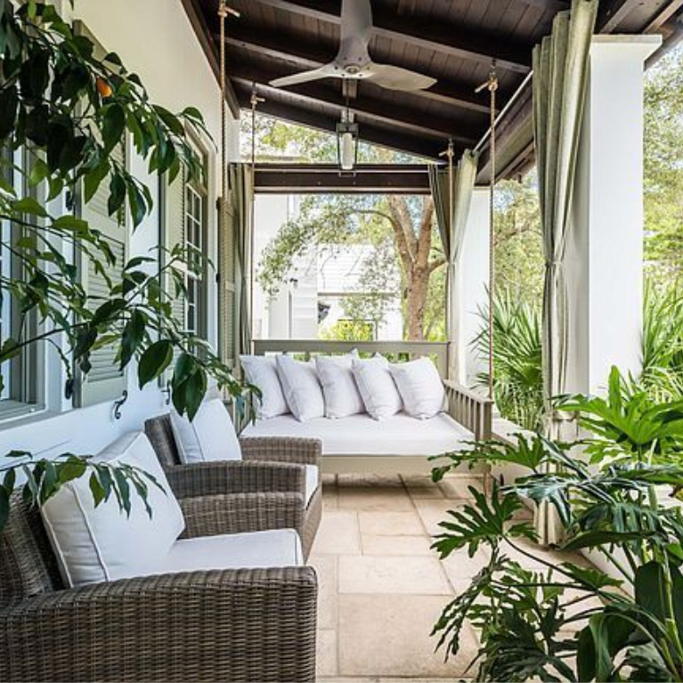 Luxurious front porch. Luxurious house exterior on Somerset in Alys Beach. #houseexterior #luxuryhomes #alysbeach #beachhouses #coveredporch