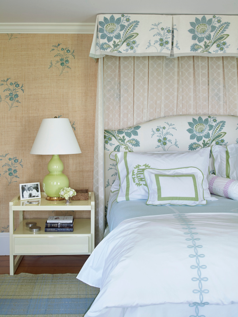 Charming bedroom in a Nantucket summer house with stenciled raffia wall covering and coastal blue and green accents - design by Tom Scheerer. Photo by Tria Giovan for Jennifer Ash Rudick's Summer to Summer. #coastalstyle #cottagebedroom #tomscheerer #interiordesign #nantucketstyle #bedroomdecor #stenciledwall #romanticbedroom #beachybedroom