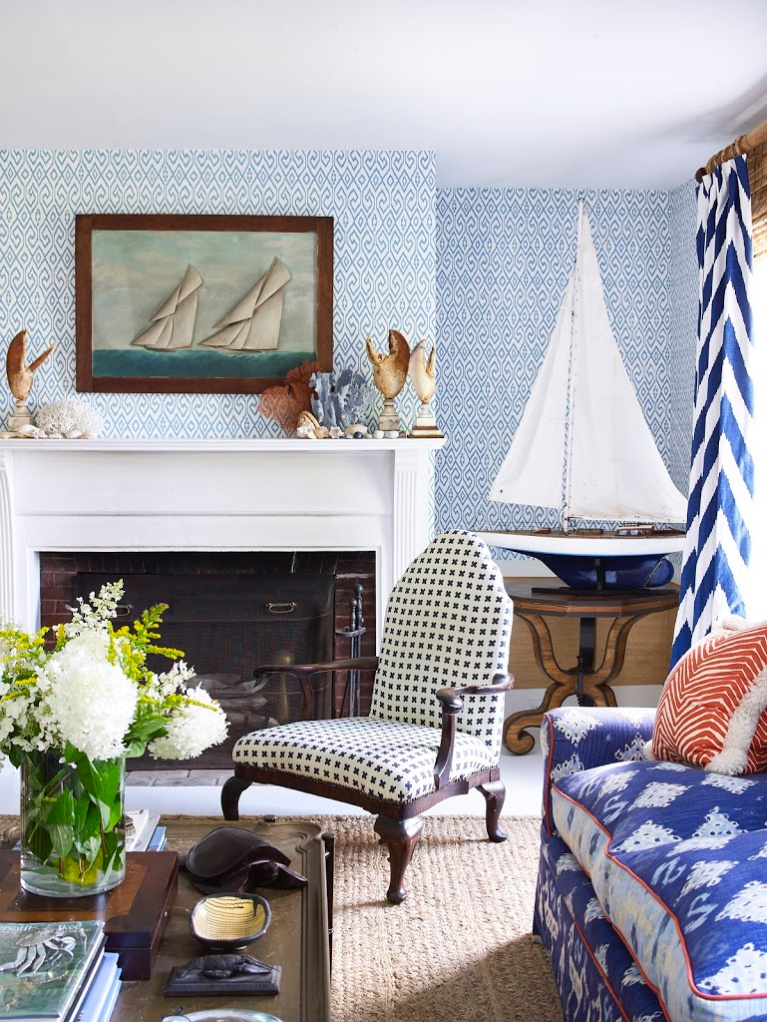 Vibrant blue in a traditional living room on Little Cranberry Island (Maine) with interior design by John Fondas. Fabric and wallpaper by Quadrille. #livingroom #colorfullivingroom #traditionalstyle #interiordesign #quadrille #wallpaper