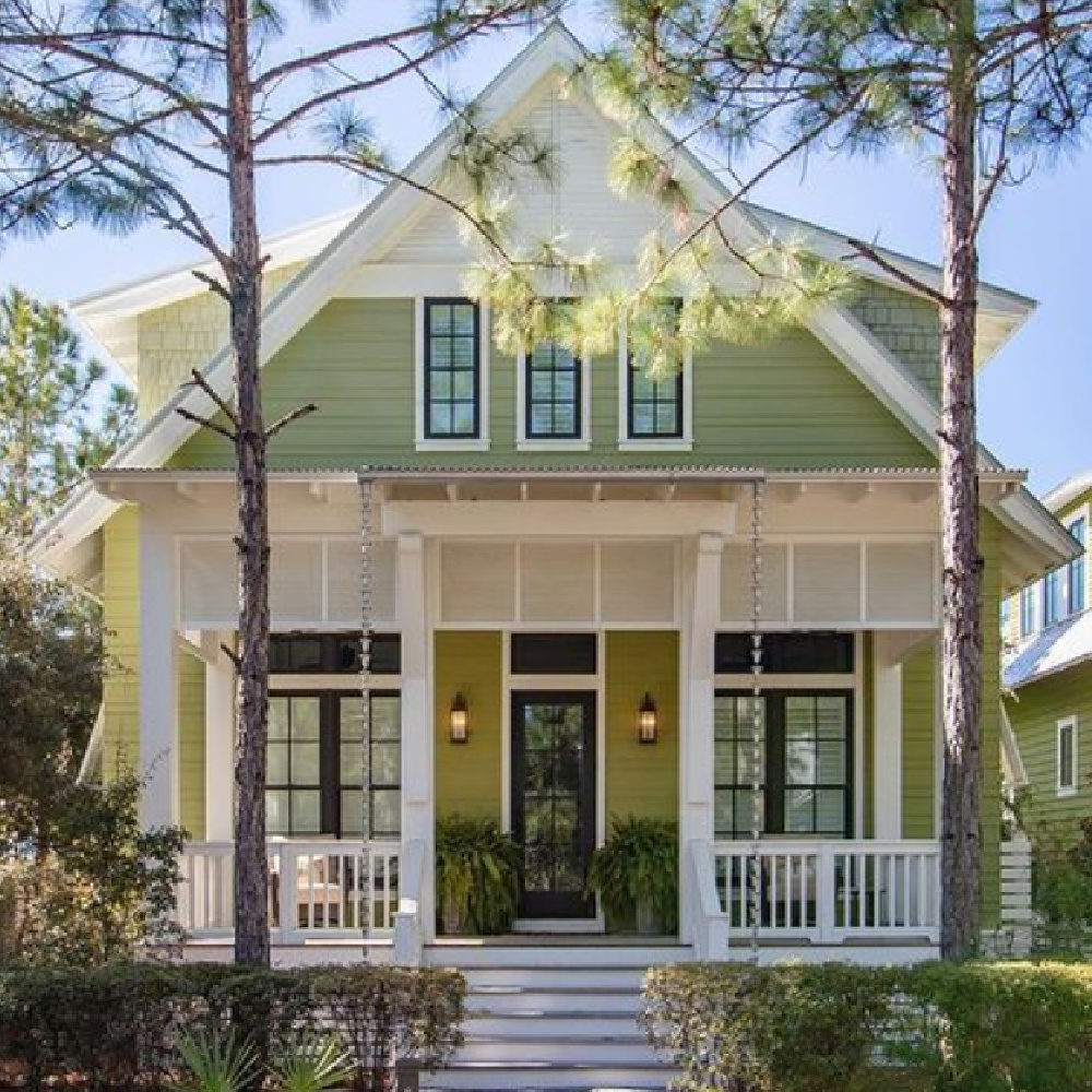 Green beach cottage exterior in Watercolor, FL with architecture by Geoff Chick.