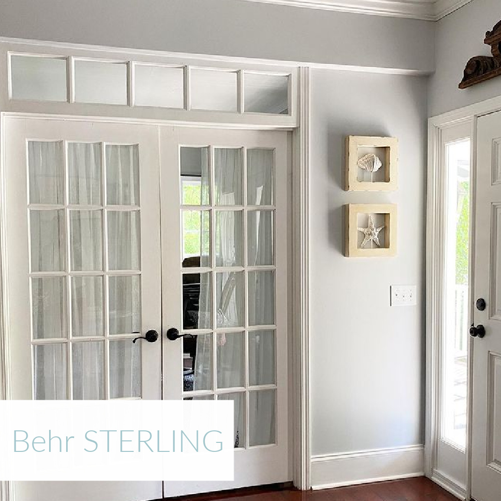 Behr Sterling light blue grey paint color in entry - @thisgirlpaints. #behrsterling #paintcolors