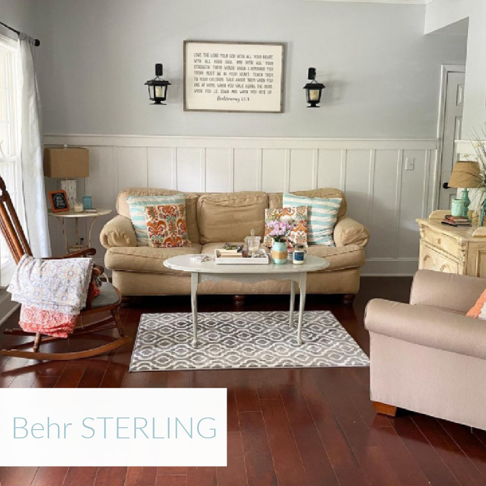 Behr Sterling light blue grey paint color in living room - @thisgirlpaints. #behrsterling #paintcolors