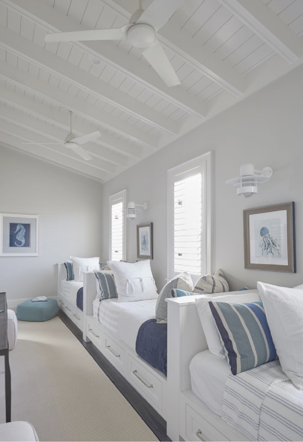 Coastal bedroom with captains beds and exposed rafter style ceiling - architecture: Geoff Chick.