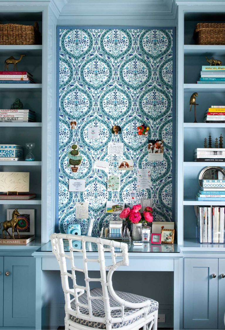 Gorgeous home office with built-in shelves painted Farrow & Ball Parma Gray - AD. #homeoffice #interiordesign #builtins #farrowandball #parmagray