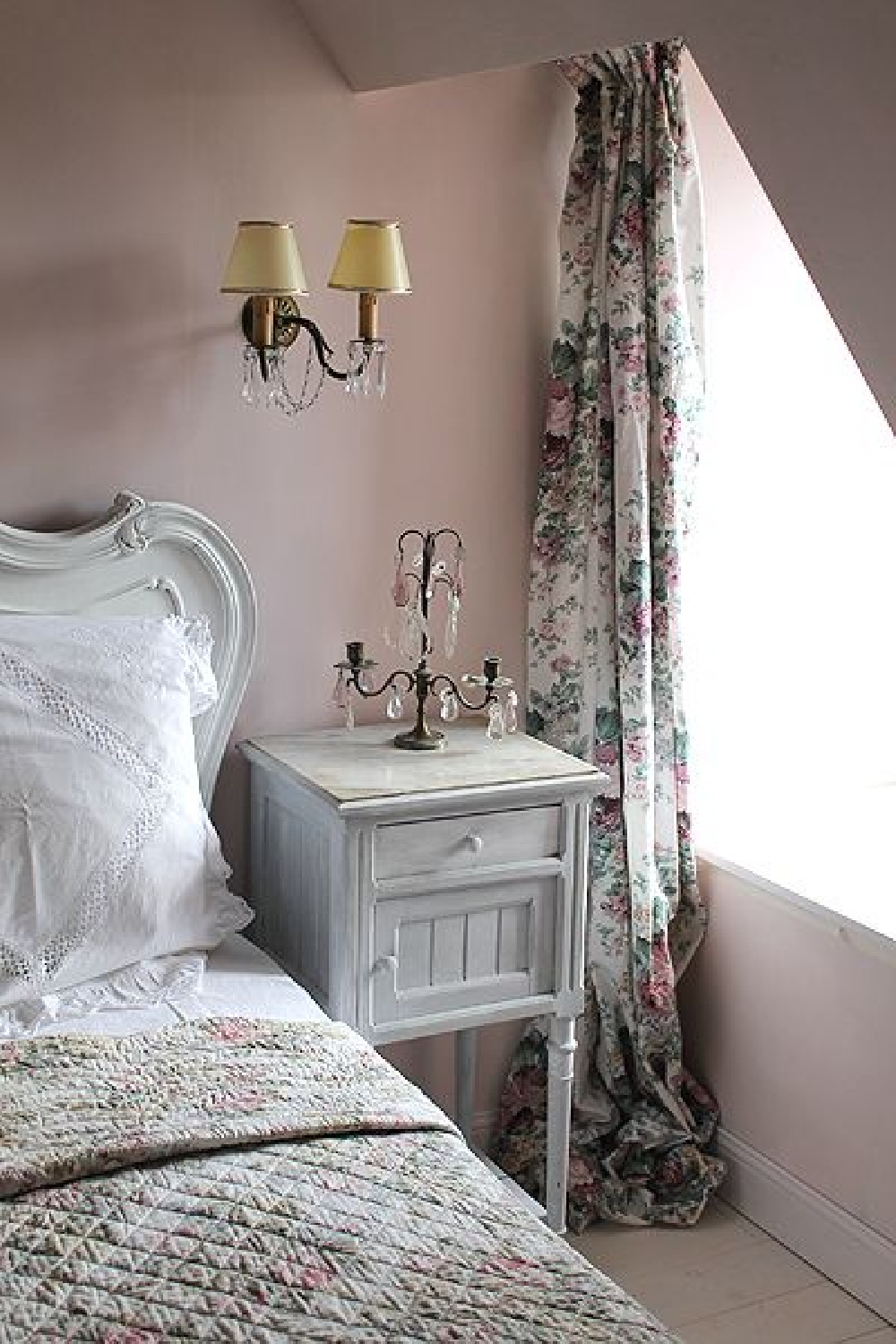 Bedroom with Farrow & Ball Calamine and French country interior design.