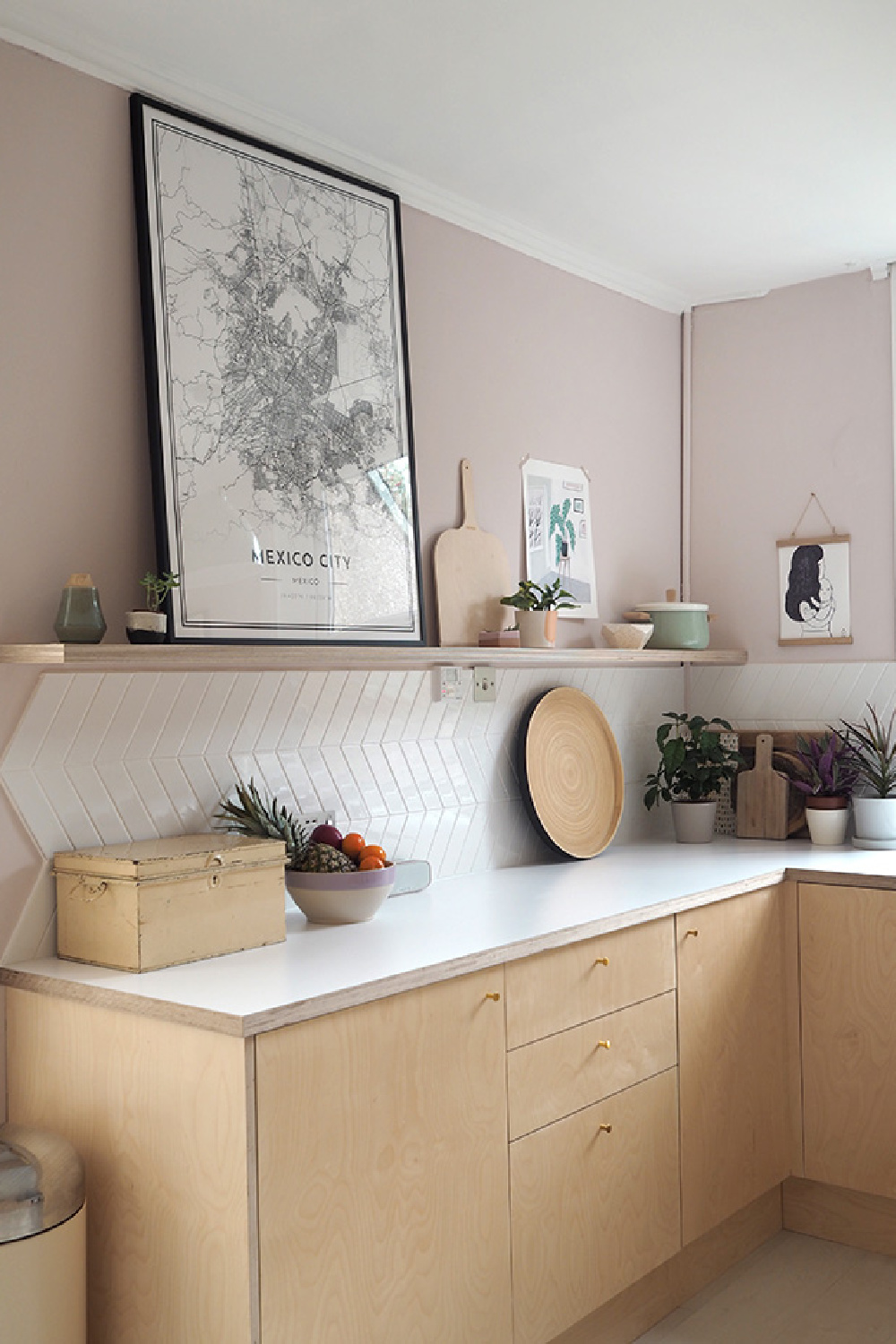 Farrow & Ball Calamine pink paint color in pink and plywood kitchen makeover by Patchwork Harmony.