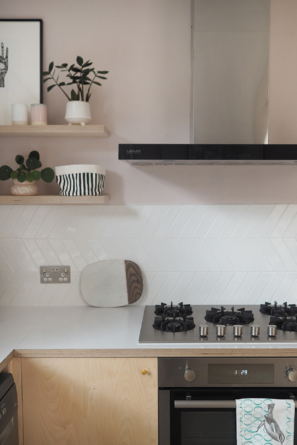 Farrow & Ball Calamine pink paint on walls in plywood and pink kitchen by Patchwork Harmony.