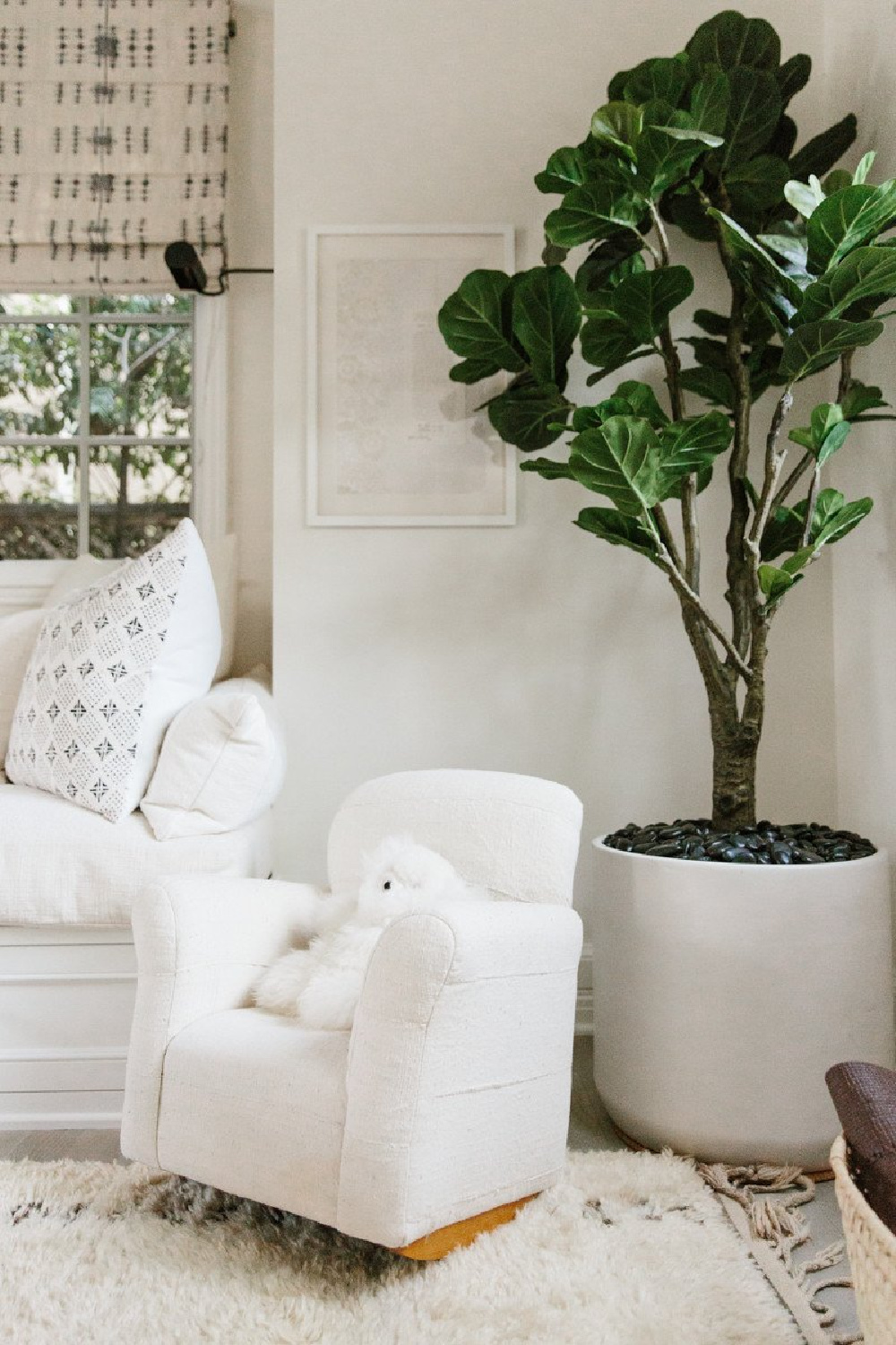 Erin Fetherston den with fiddle leaf tree and child's rocking chair. Come explore more California modern farmhouse interior design inspiration.