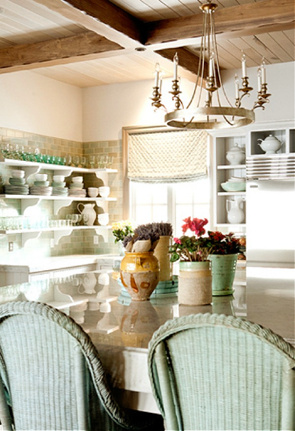 Aqua and pastel greens in a French country kitchen by Desiree Ashworth of Decor de Provence.