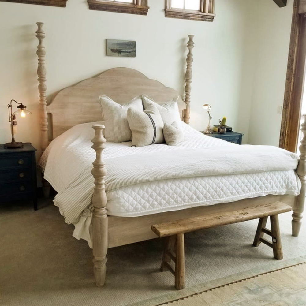 Rustic country European inspired bedroom with poster bed and sumptuous linens - Beljar Home. #europeancountry #bedroomdesign #beljarhome