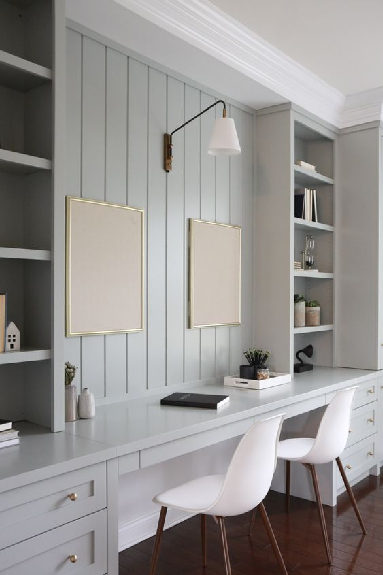 Family desk area in home office with custom millwork painted Farrow & Ball Light Blue - Oak Design Project. #homeoffice #interiordesign #paintcolors #farrowandball #lightblue