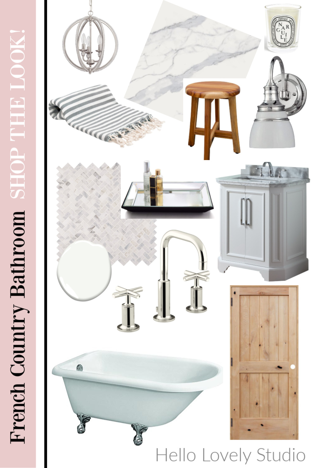 French country bathroom shop the look Hello Lovely Studio. #bathroomdesign #hellolovelystudio #frenchcountry #classicbathdecor #whitebathrooms #interiordesign