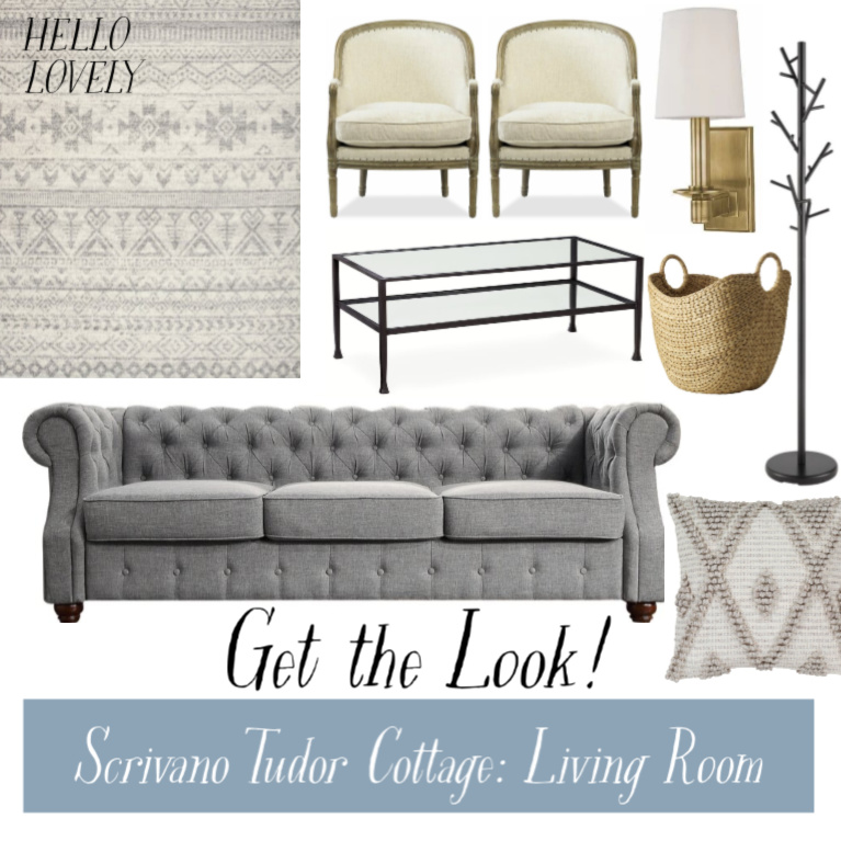 Get the Look Scrivano Tudor Cottage Living Room. #scrivano #tudor #fixerupper #livingroom #getthelook #homedecor #furniture