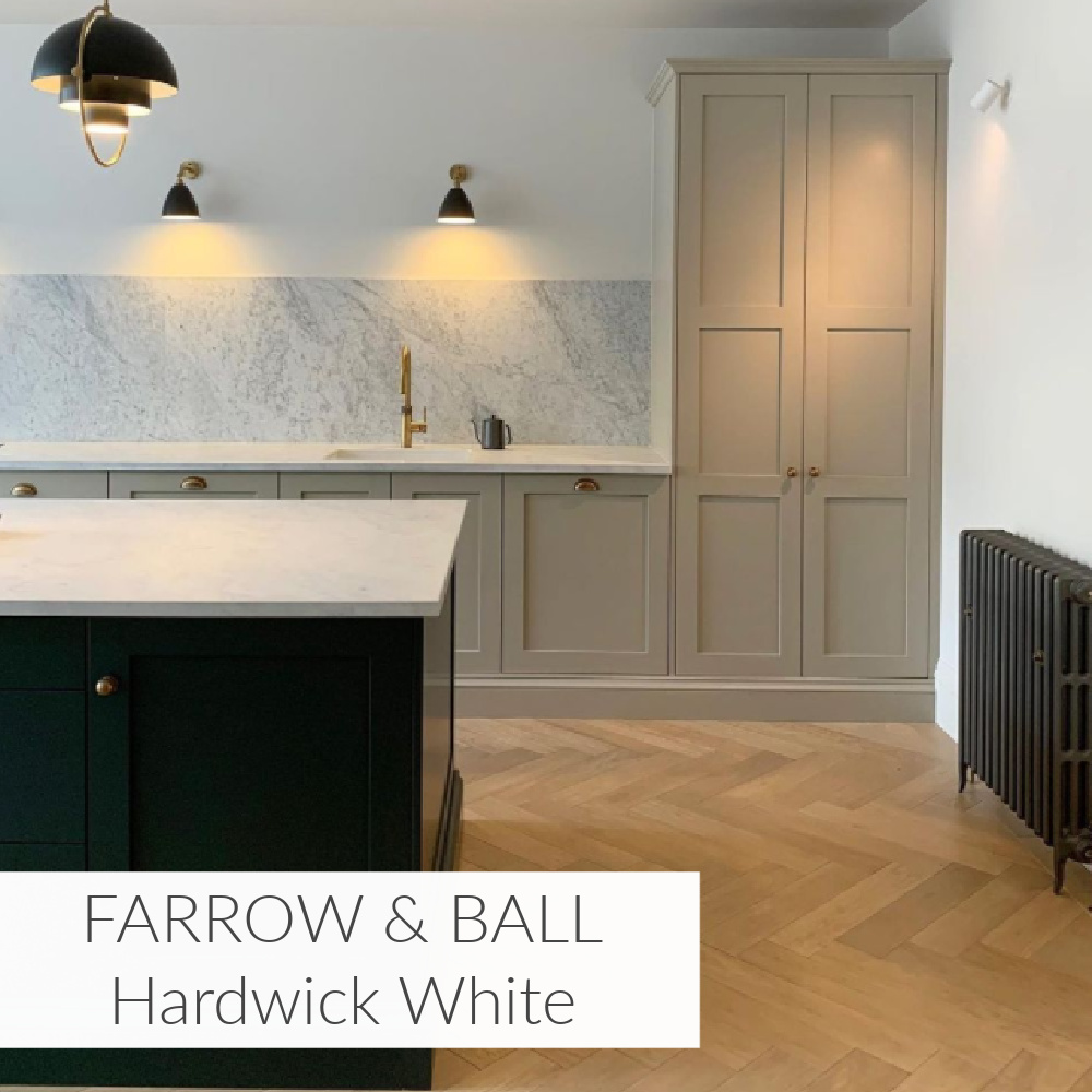 Hardwick White (Farrow & Ball) on kitchen cabinets in a luxurious serene space - @rebeccanokesdesign. #hardwickwhite #paintcolors