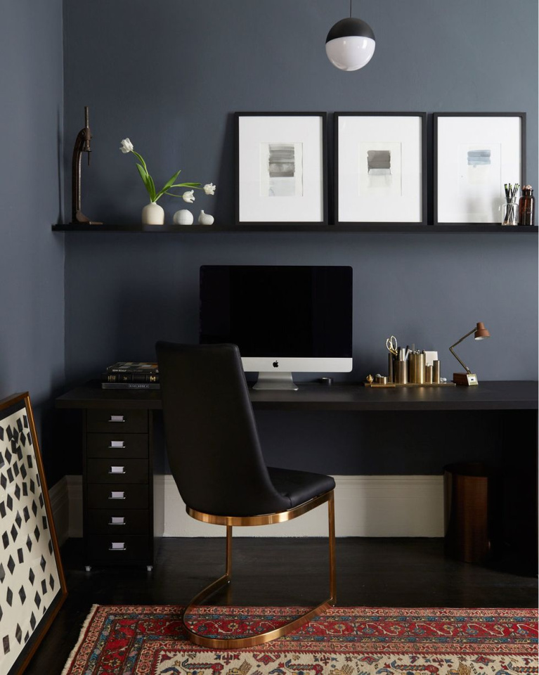 Home office with black walls in Architectural Digest- Nicole Franzen. #homeoffice #blackwalls