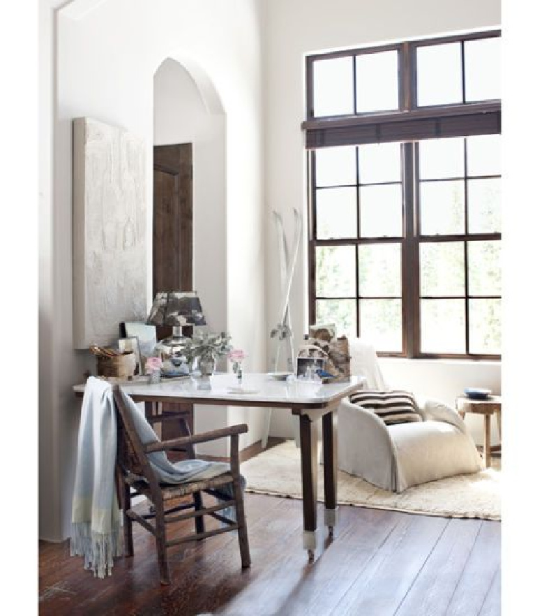 Beautiful pale color palette in a home office in Country Living. #homeoffice #serene #interiordesign