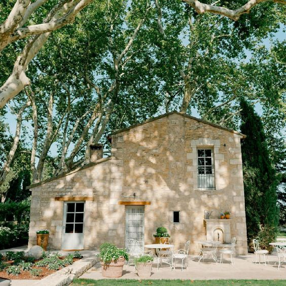 Stone farmhouse exterior of guest house at 18th century French farmhouse Le Mas des Poiriers in Provence, France.