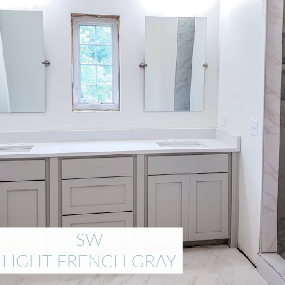 Light French Gray (SW) painted vanity cabinets in a bath by @homeonspringwood. #lightfrenchgray #swlightfrenchgray #paintcolors