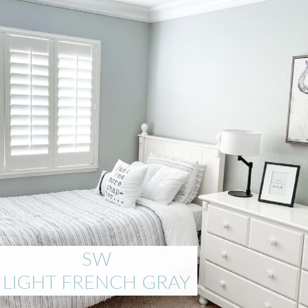 Light French Gray (Sherwin Williams) paint color in girls bedroom by @meg_larson. #lightfrenchgray #paintcolors #sherwinwilliams #greypaint