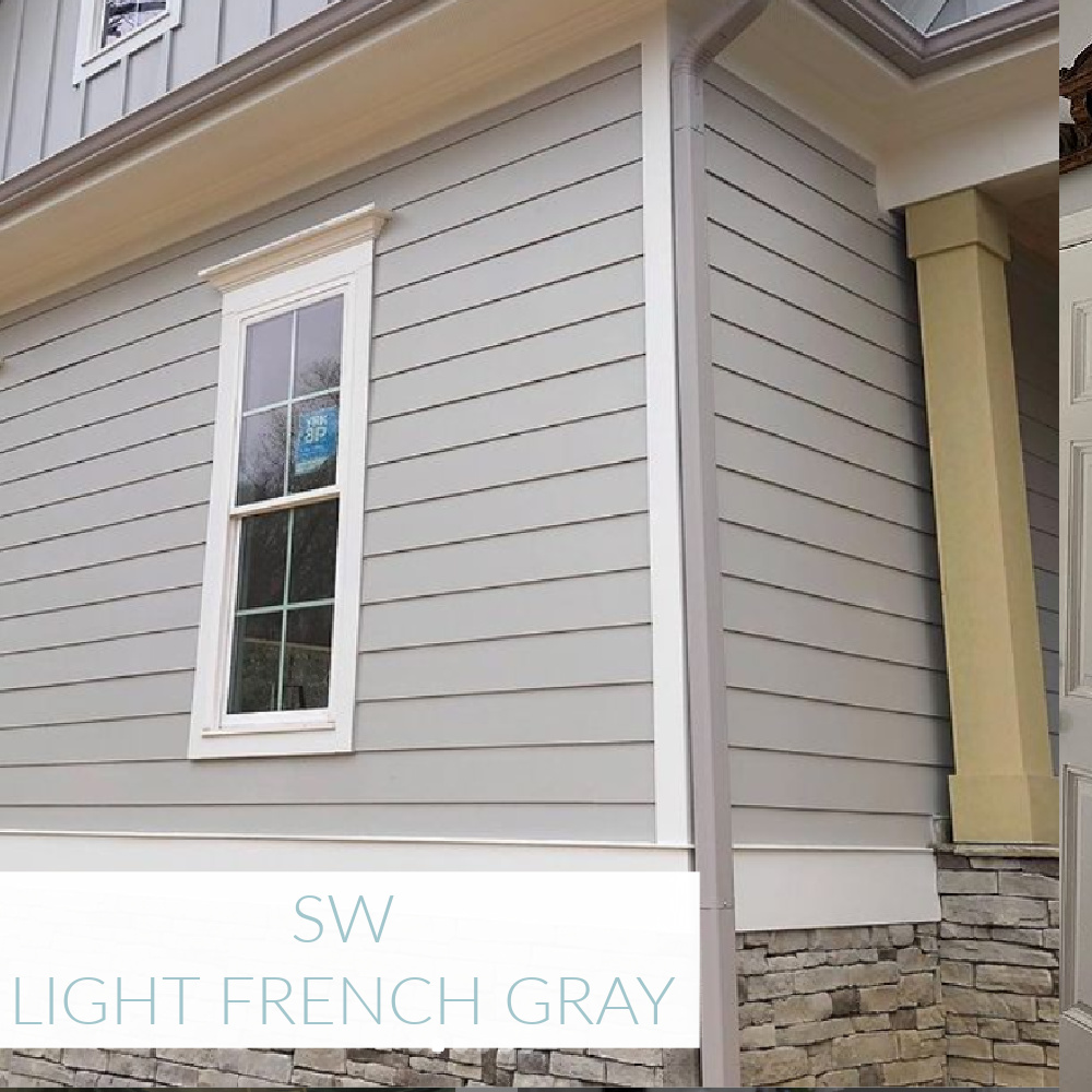 Light French Gray (SW) painted house exterior - @amyhuberdesigns. #lightfrenchgray #paintcolors #sherwinwilliams