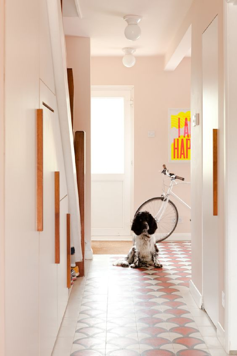 Hallway - 'mosaic del sur' ceramic concrete tiles, F&B pink ground paint colour, bespoke under-stair storage, cocker spaniel dog