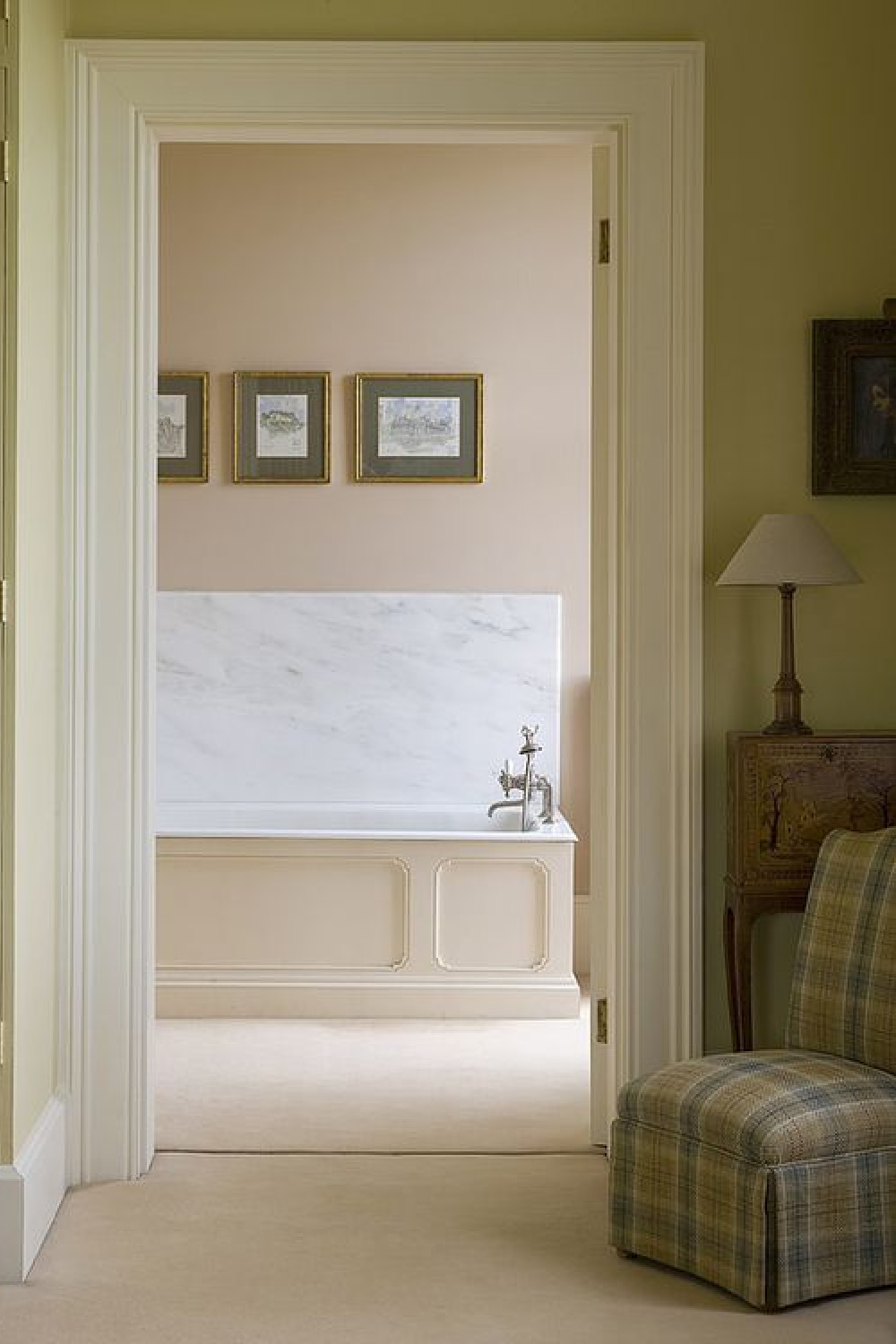 Farrow and Ball Setting Plaster pink paint color on wall in classic luxurious bathroom.