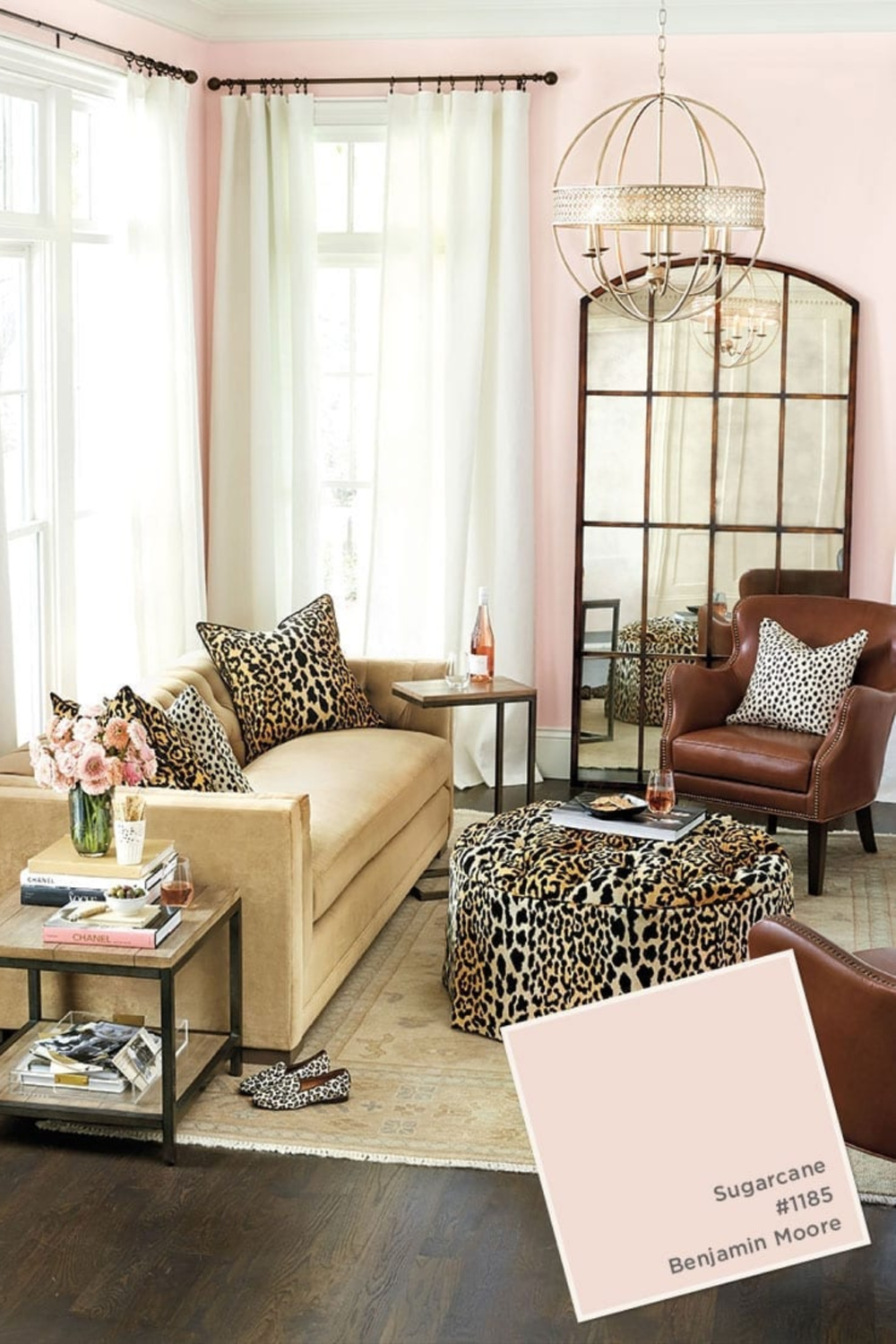 Sugarcane (Benjamin Moore) pink paint in living room with animal print accents - Ballard Designs. #sugarcane #paintcolors