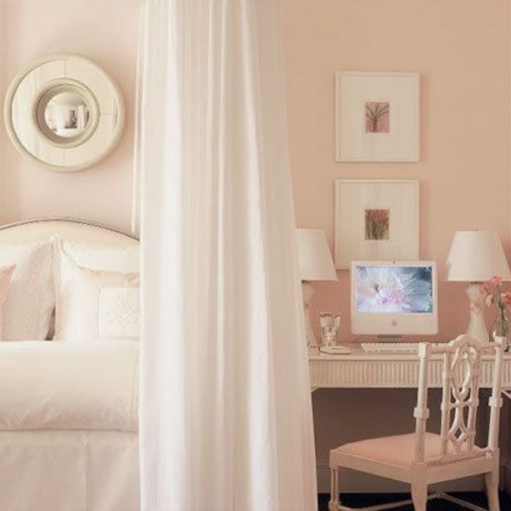 White Dogwood pink paint color by Sherwin Williams. This pink feminine bedroom designed by Phoebe Howard is inspiring us today! Come see the Best Sophisticated, Chic and Subtle Pink Paint Colors on Hello Lovely Studio!