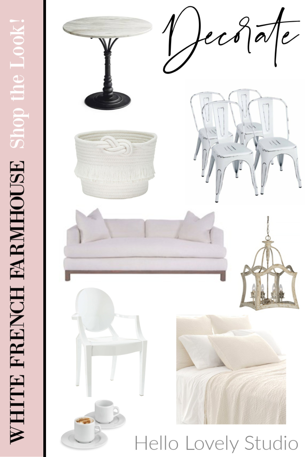 White French Farmhouse Shop the Look - Hello Lovely Studio. #homedecor #furniture #frenchcountry #frenchfarmhouse #whitedecor #allwhitedecor