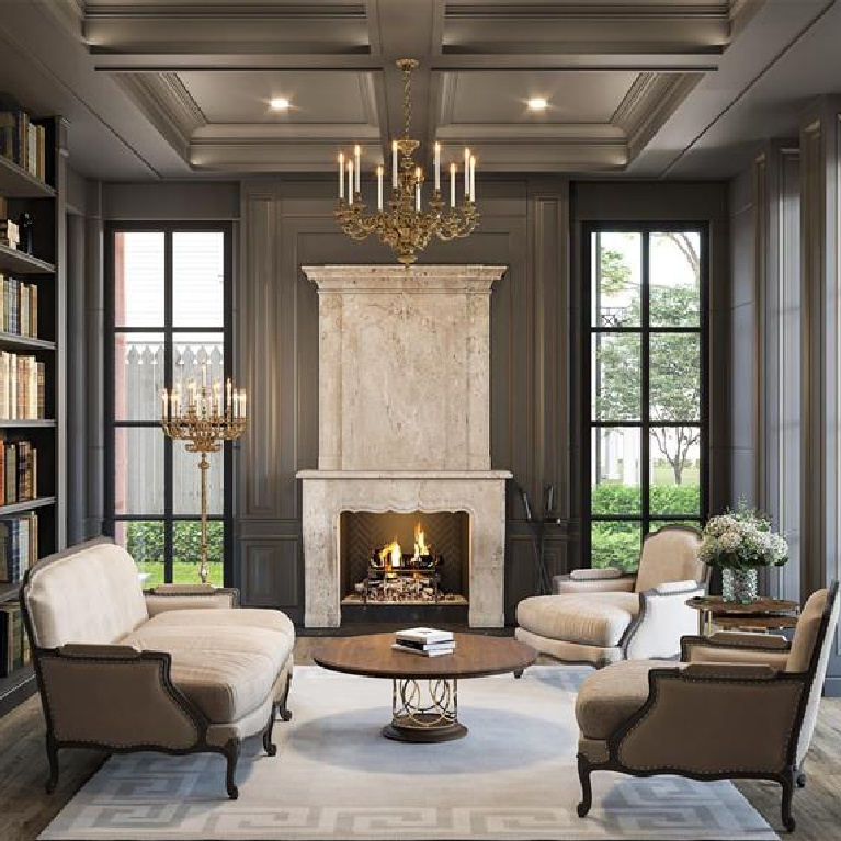 Charcoal gray paneled library in breathtaking French inspired Houston Home (2535 Inwood). Come see more old world new builds. #frenchcountry #housedesign #interiordesign #luxuryhome #frenchhome #library #paneled