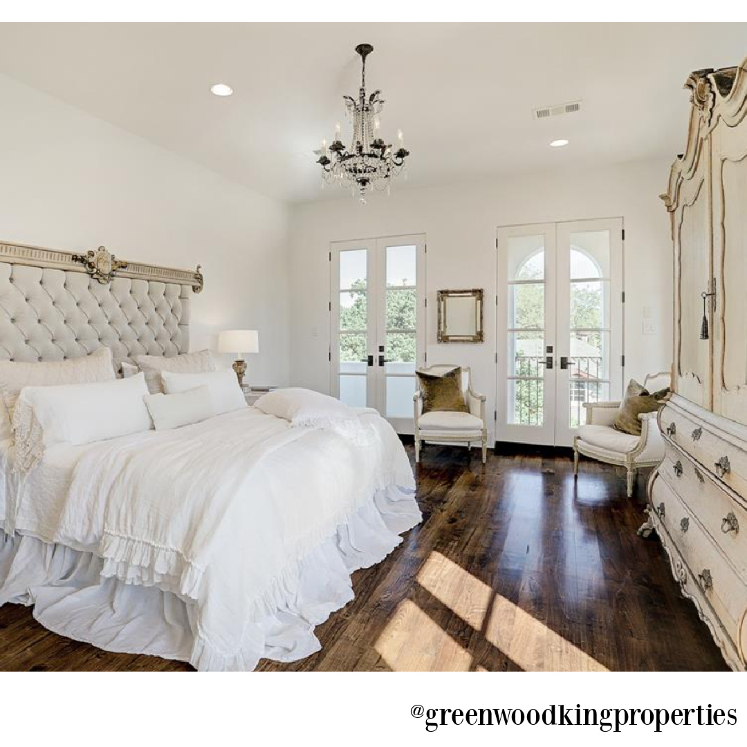 Elegant French country white bedroom design by M Naeve in a Houston home. #frenchcountry #bedroomdecor #mnaeve