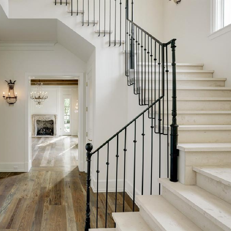 Stunning staircase in breathtaking French inspired Houston Home (2535 Inwood). Come see more old world new builds. #frenchcountry #housedesign #interiordesign #luxuryhome #frenchhome #staircase