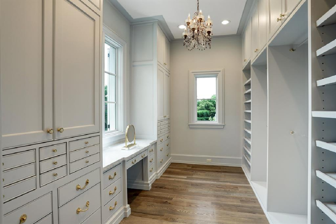 Luxurious custom dressing room in Breathtaking French inspired Houston Home (2535 Inwood). #frenchcountry #housedesign #interiordesign #luxuryhome #frenchhome #dressingroom #closets #luxuriousdesign